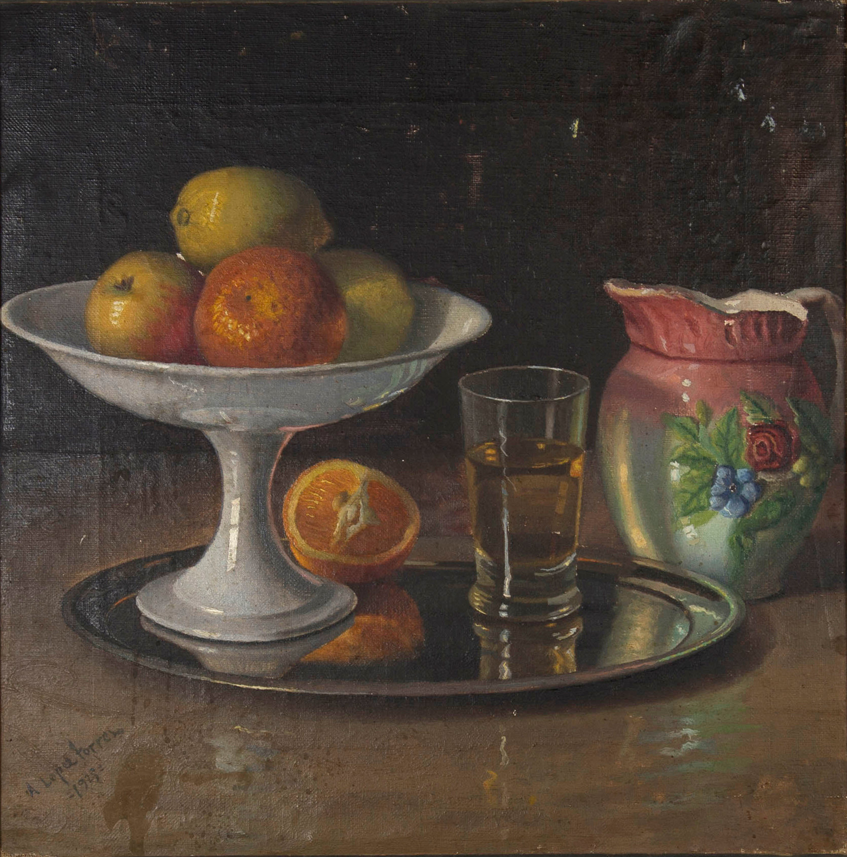 Still life with fruit bowl, jug and glass of wine
