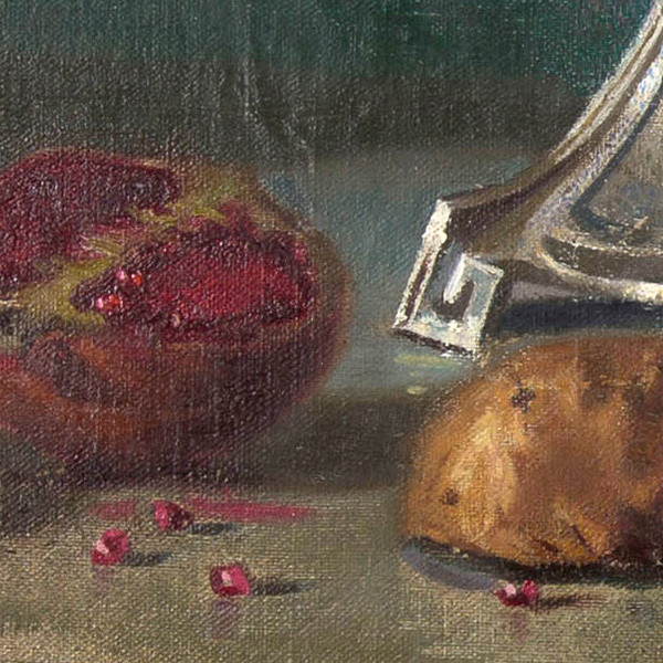Bodegón con frutero, granadas, bandeja y jarra