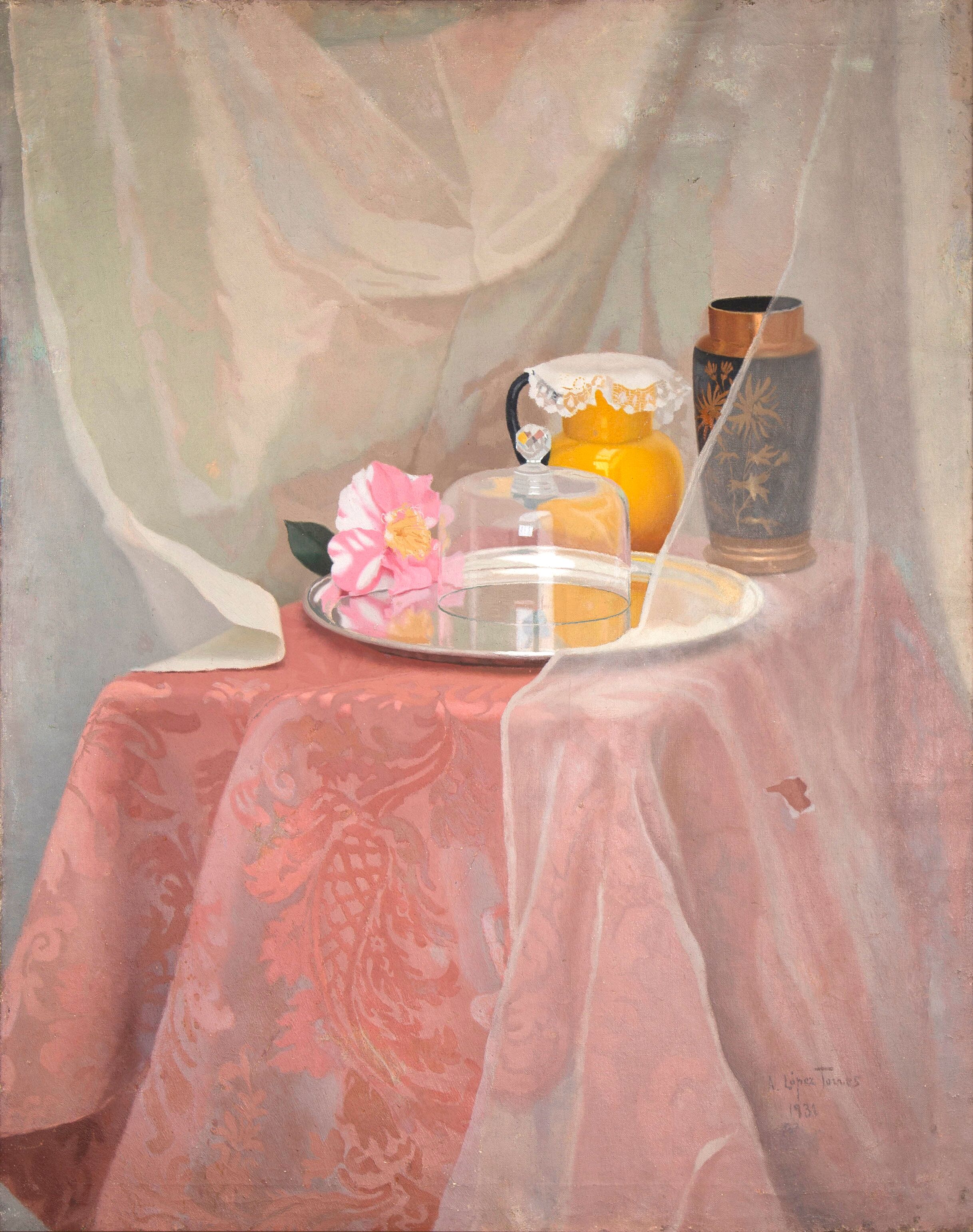 Still life with chiffon and silver tray