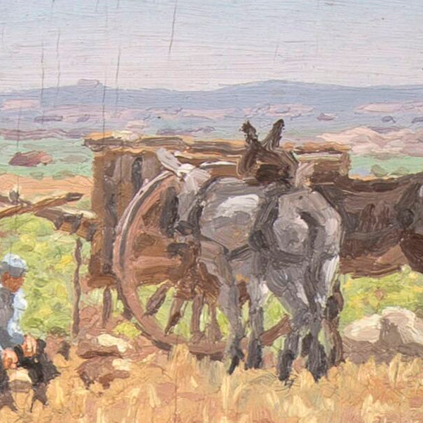 Farmer with a cart and two mules - Detail